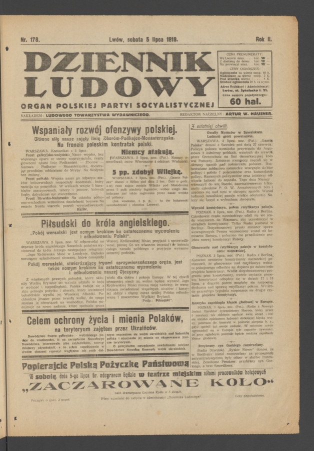 Dziennik Ludowy&nbsp;: organ Polskiej Partyi Socyalistycznej. Rok&nbsp;2, 1919, numer&nbsp;178