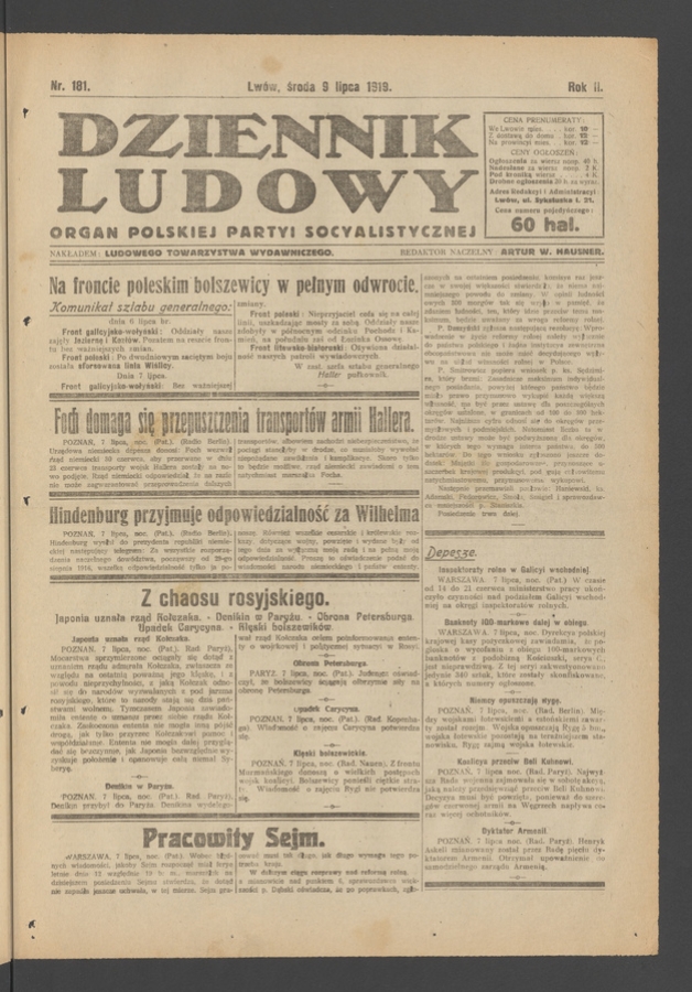Dziennik Ludowy&nbsp;: organ Polskiej Partyi Socyalistycznej. Rok&nbsp;2, 1919, numer&nbsp;181