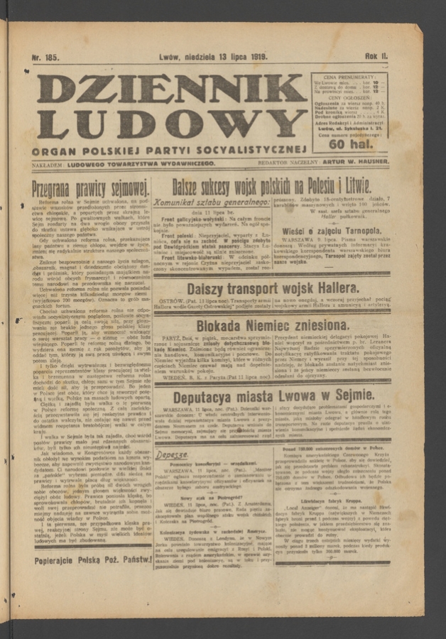 Dziennik Ludowy&nbsp;: organ Polskiej Partyi Socyalistycznej. Rok&nbsp;2, 1919, numer&nbsp;185