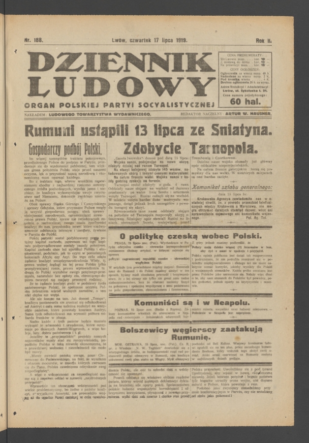 Dziennik Ludowy&nbsp;: organ Polskiej Partyi Socyalistycznej. Rok&nbsp;2, 1919, numer&nbsp;188