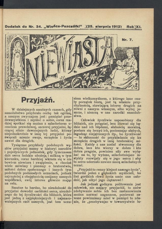 Niewiasta&nbsp;: dodatek do&nbsp;numeru&nbsp;34 &bdquo;Wieńca-Pszcz&oacute;łki&rdquo;. Rok&nbsp;12, 1912, numer&nbsp;7