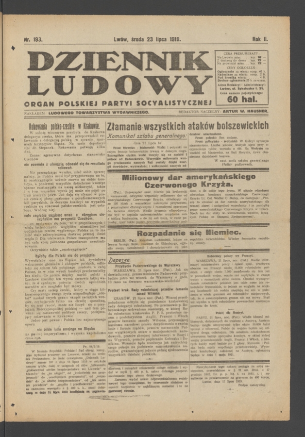 Dziennik Ludowy&nbsp;: organ Polskiej Partyi Socyalistycznej. Rok&nbsp;2, 1919, numer&nbsp;193