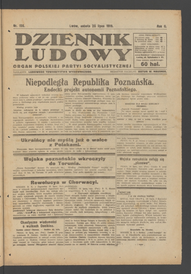 Dziennik Ludowy&nbsp;: organ Polskiej Partyi Socyalistycznej. Rok&nbsp;2, 1919, numer&nbsp;196
