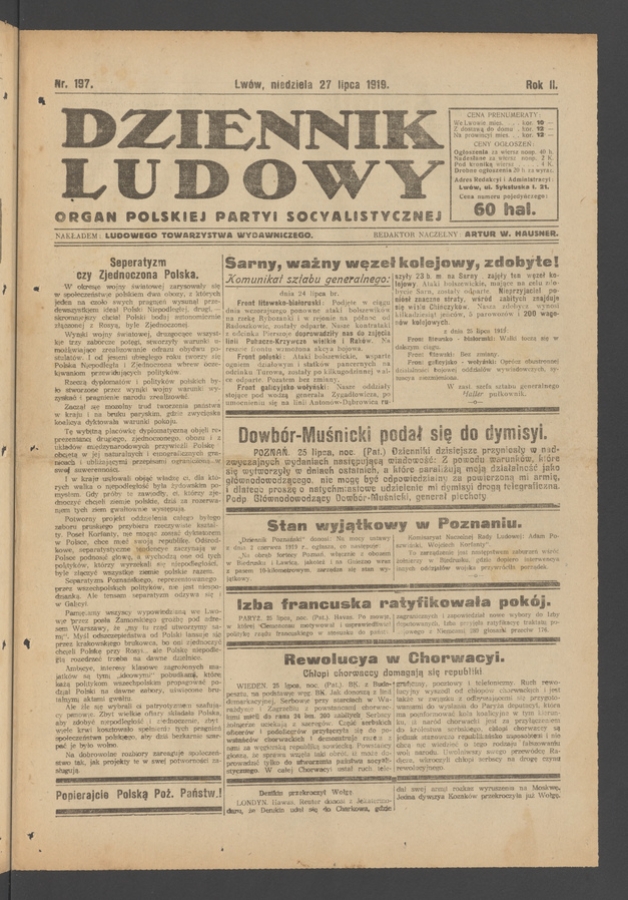 Dziennik Ludowy&nbsp;: organ Polskiej Partyi Socyalistycznej. Rok&nbsp;2, 1919, numer&nbsp;197