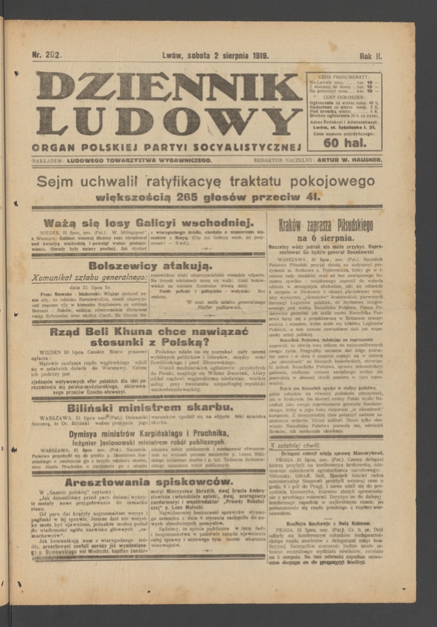 Dziennik Ludowy&nbsp;: organ Polskiej Partyi Socyalistycznej. Rok&nbsp;2, 1919, numer&nbsp;202