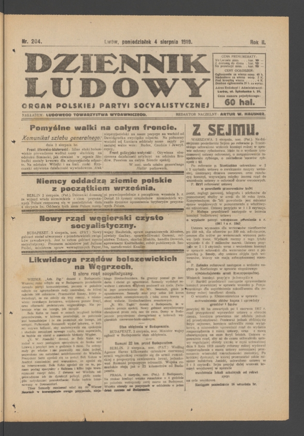 Dziennik Ludowy&nbsp;: organ Polskiej Partyi Socyalistycznej. Rok&nbsp;2, 1919, numer&nbsp;204