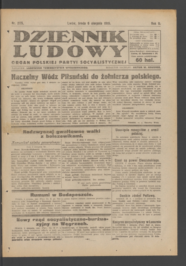 Dziennik Ludowy&nbsp;: organ Polskiej Partyi Socyalistycznej. Rok&nbsp;2, 1919, numer&nbsp;205