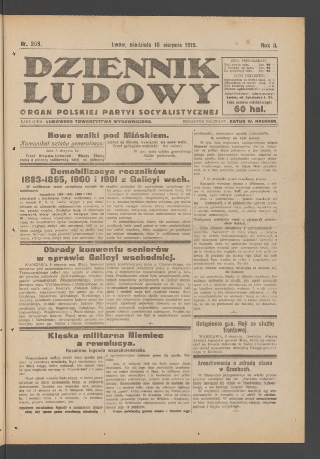 Dziennik Ludowy&nbsp;: organ Polskiej Partyi Socyalistycznej. Rok&nbsp;2, 1919, numer&nbsp;209