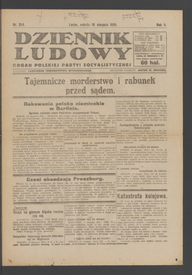 Dziennik Ludowy&nbsp;: organ Polskiej Partyi Socyalistycznej. Rok&nbsp;2, 1919, numer&nbsp;214