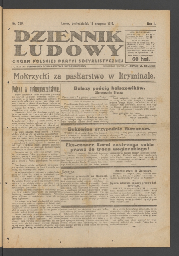 Dziennik Ludowy&nbsp;: organ Polskiej Partyi Socyalistycznej. Rok&nbsp;2, 1919, numer&nbsp;216