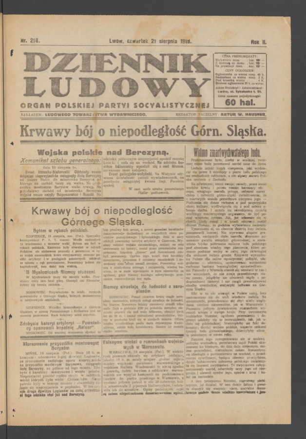 Dziennik Ludowy&nbsp;: organ Polskiej Partyi Socyalistycznej. Rok&nbsp;2, 1919, numer&nbsp;218