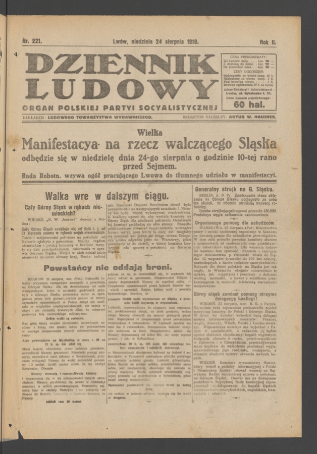 Dziennik Ludowy&nbsp;: organ Polskiej Partyi Socyalistycznej. Rok&nbsp;2, 1919, numer&nbsp;221