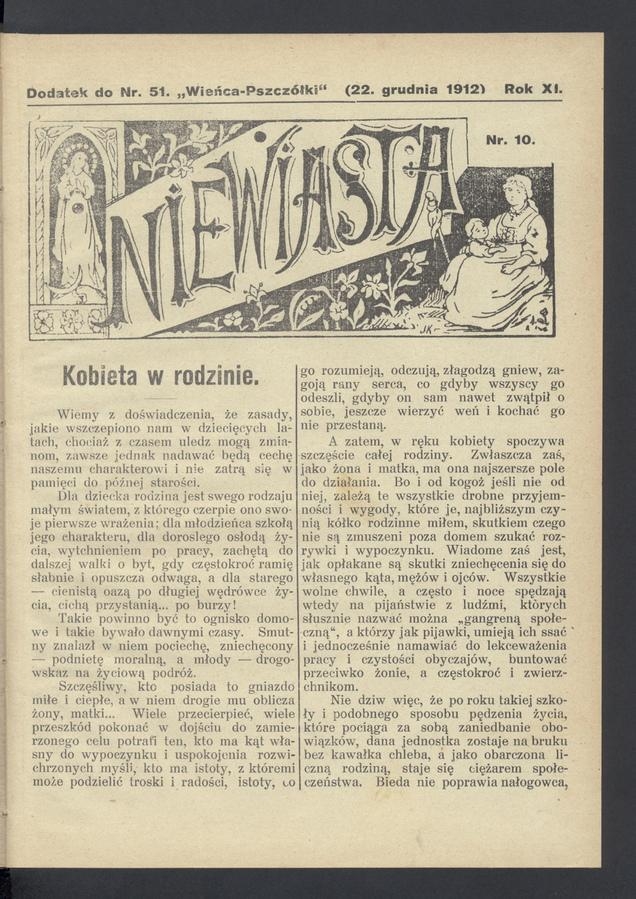 Niewiasta&nbsp;: dodatek do&nbsp;numeru&nbsp;51 &bdquo;Wieńca-Pszcz&oacute;łki&rdquo;. Rok&nbsp;12, 1912, numer&nbsp;10