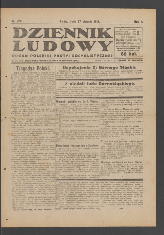 Dziennik Ludowy&nbsp;: organ Polskiej Partyi Socyalistycznej. Rok&nbsp;2, 1919, numer&nbsp;223