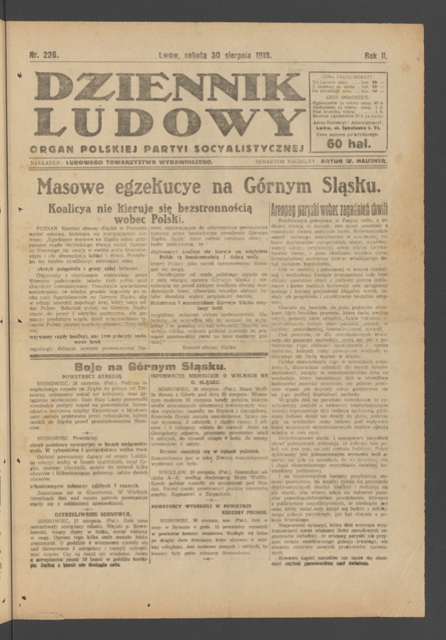 Dziennik Ludowy&nbsp;: organ Polskiej Partyi Socyalistycznej. Rok&nbsp;2, 1919, numer&nbsp;226