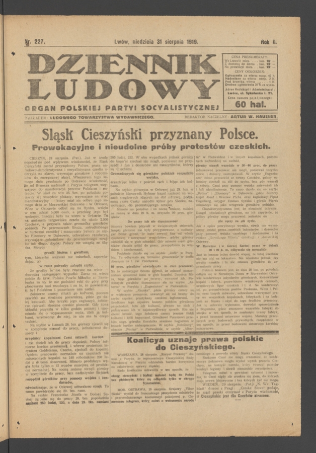 Dziennik Ludowy&nbsp;: organ Polskiej Partyi Socyalistycznej. Rok&nbsp;2, 1919, numer&nbsp;227