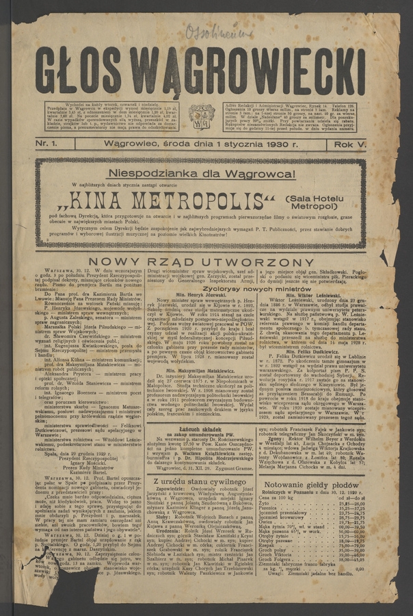 Głos Wągrowiecki. Rok&nbsp;5, 1930, numer&nbsp;1