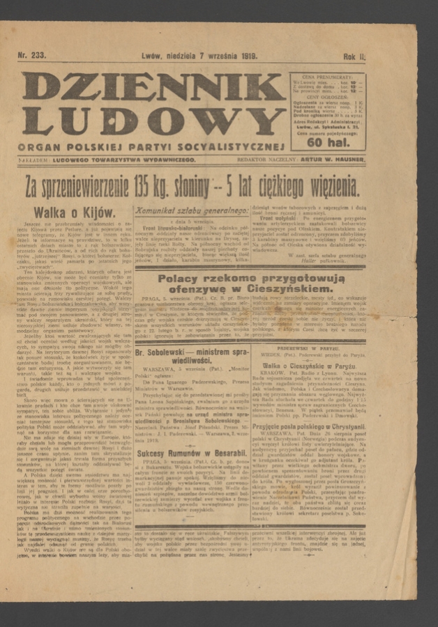 Dziennik Ludowy&nbsp;: organ Polskiej Partyi Socyalistycznej. Rok&nbsp;2, 1919, numer&nbsp;233
