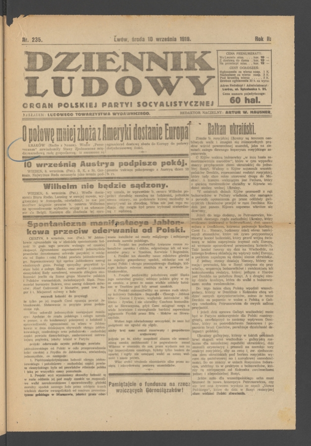Dziennik Ludowy&nbsp;: organ Polskiej Partyi Socyalistycznej. Rok&nbsp;2, 1919, numer&nbsp;235