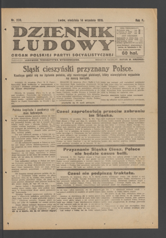 Dziennik Ludowy&nbsp;: organ Polskiej Partyi Socyalistycznej. Rok&nbsp;2, 1919, numer&nbsp;239