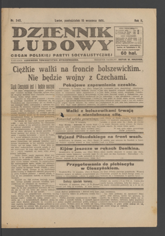 Dziennik Ludowy&nbsp;: organ Polskiej Partyi Socyalistycznej. Rok&nbsp;2, 1919, numer&nbsp;240