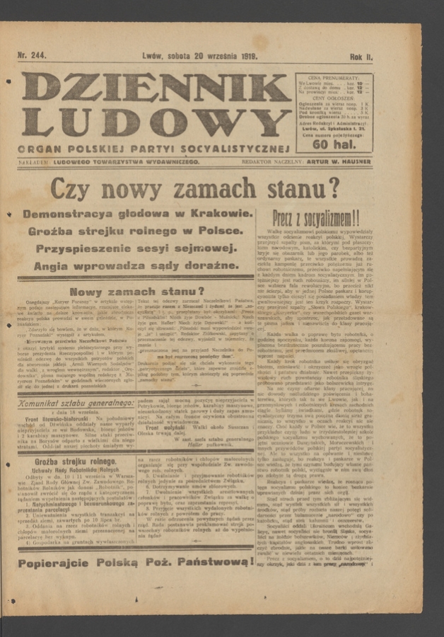 Dziennik Ludowy&nbsp;: organ Polskiej Partyi Socyalistycznej. Rok&nbsp;2, 1919, numer&nbsp;244