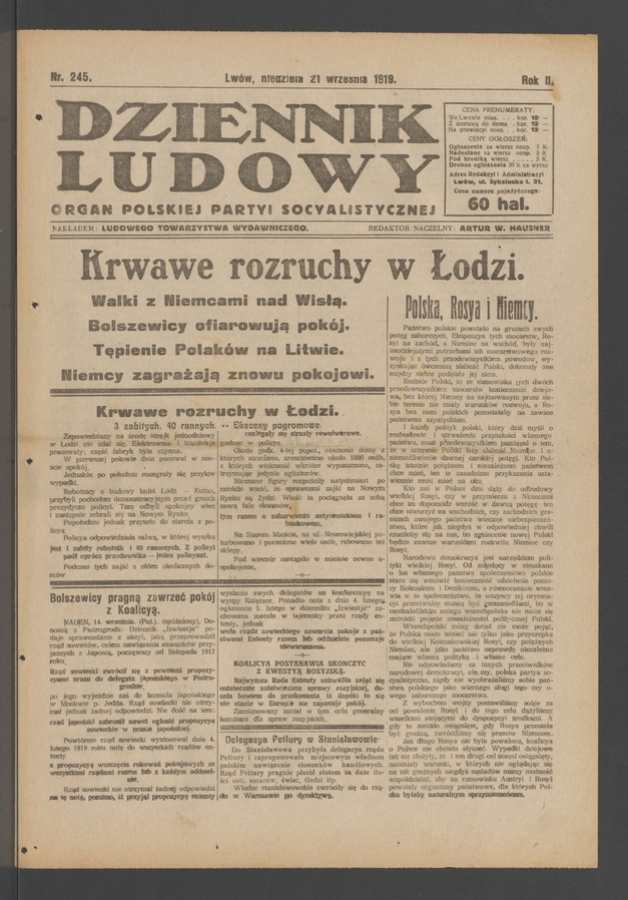 Dziennik Ludowy&nbsp;: organ Polskiej Partyi Socyalistycznej. Rok&nbsp;2, 1919, numer&nbsp;245