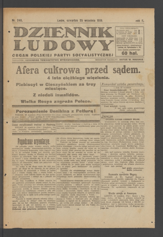 Dziennik Ludowy&nbsp;: organ Polskiej Partyi Socyalistycznej. Rok&nbsp;2, 1919, numer&nbsp;248
