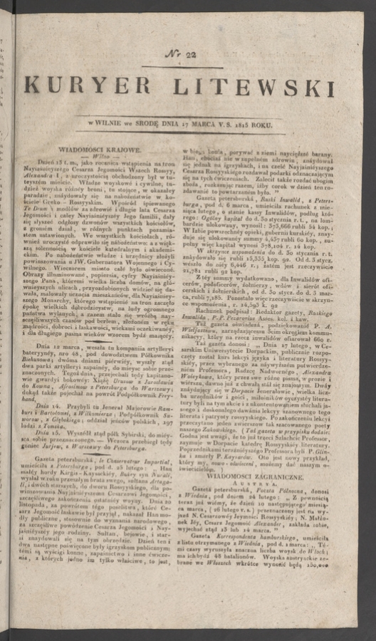 Kuryer Litewski. 1815, numer&nbsp;22