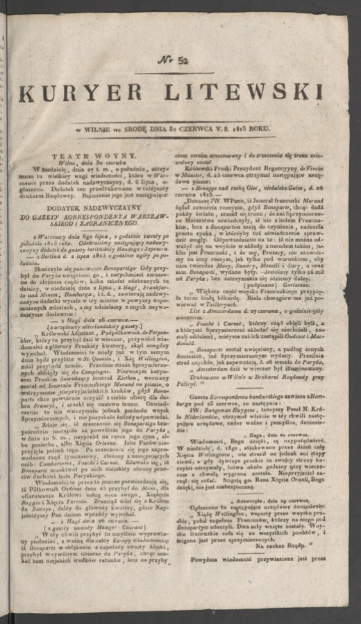 Kuryer Litewski. 1815, numer&nbsp;52