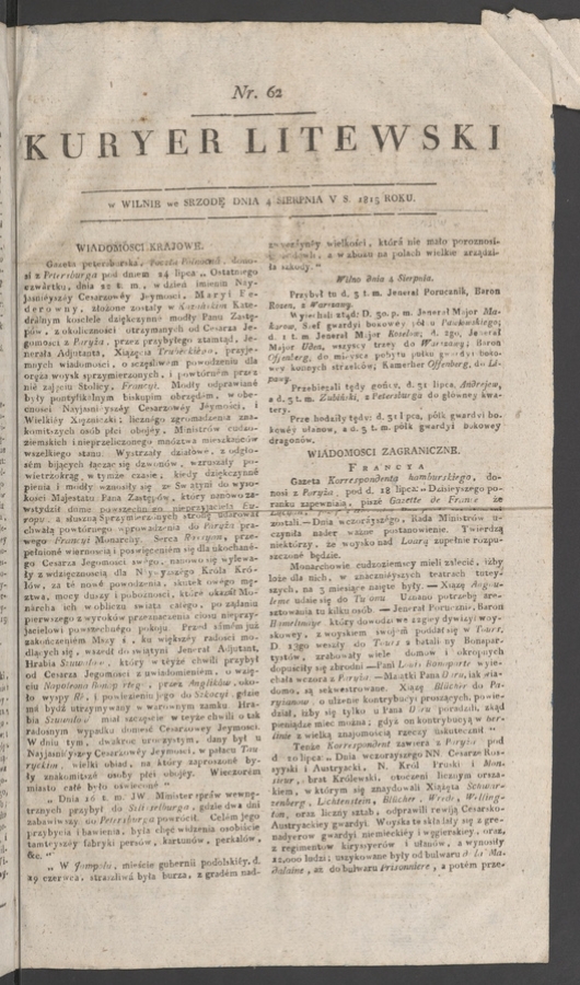Kuryer Litewski. 1815, numer&nbsp;62