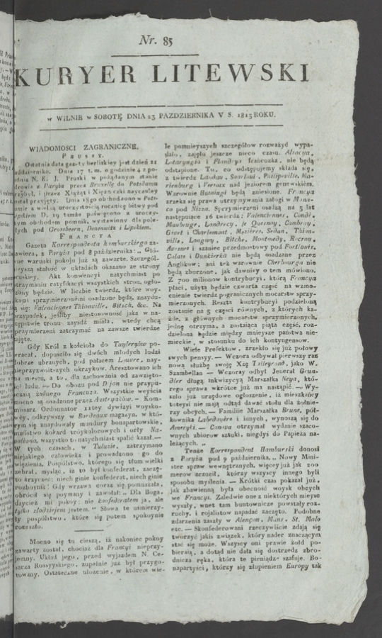 Kuryer Litewski. 1815, numer&nbsp;85