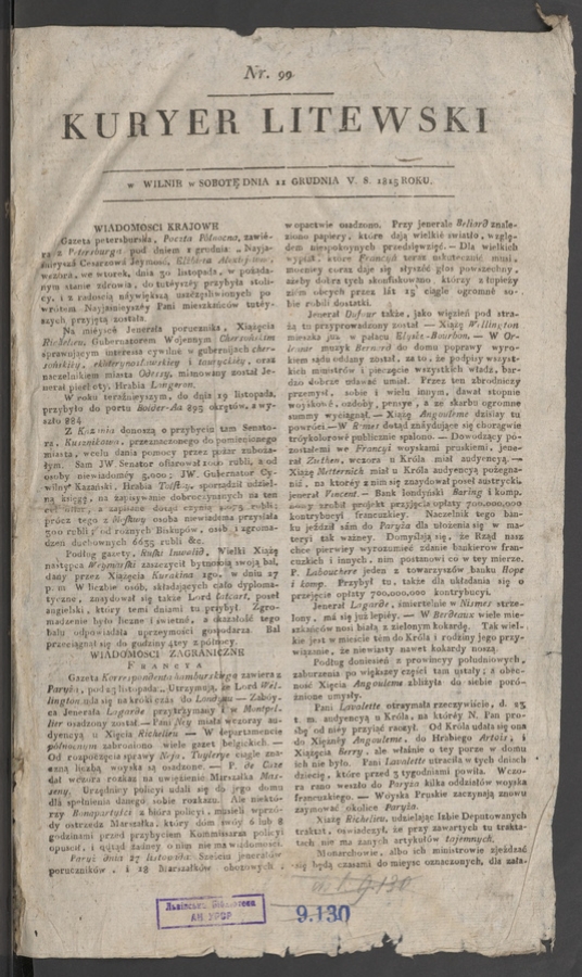 Kuryer Litewski. 1815, numer&nbsp;99