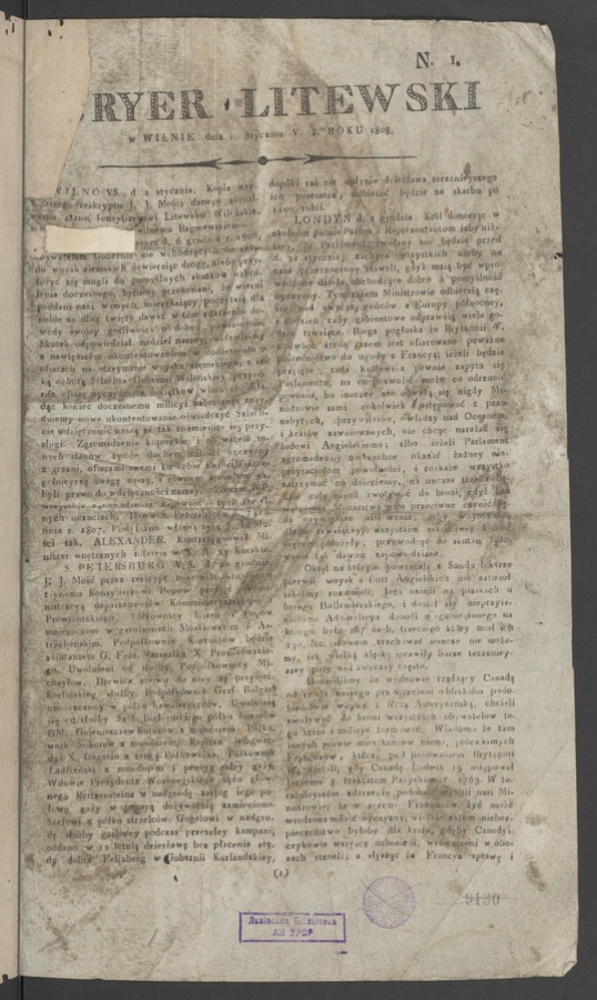 Kuryer Litewski. 1808, numero&nbsp;1