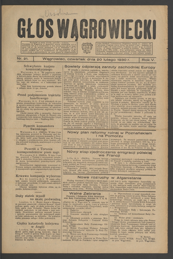 Głos Wągrowiecki. Rok&nbsp;5, 1930, numer&nbsp;21