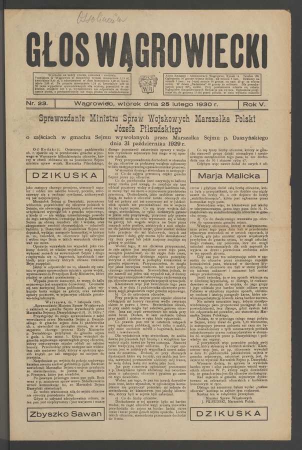 Głos Wągrowiecki. Rok&nbsp;5, 1930, numer&nbsp;23
