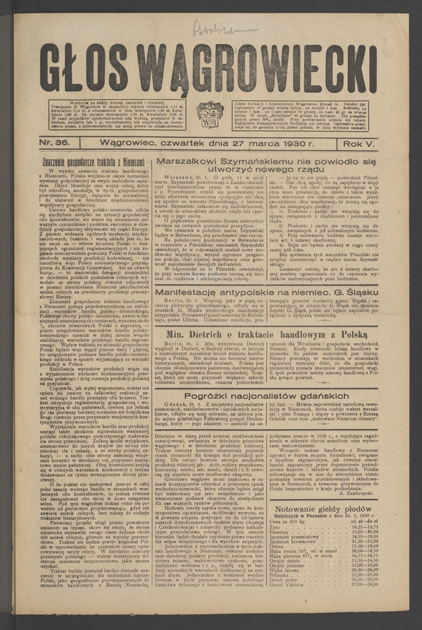 Głos Wągrowiecki. Rok&nbsp;5, 1930, numer&nbsp;36