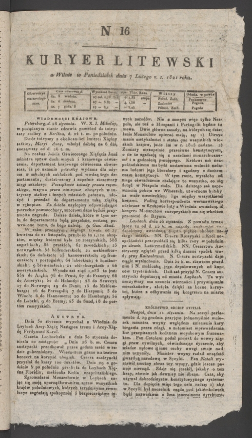 Kuryer Litewski. 1821, numer&nbsp;16