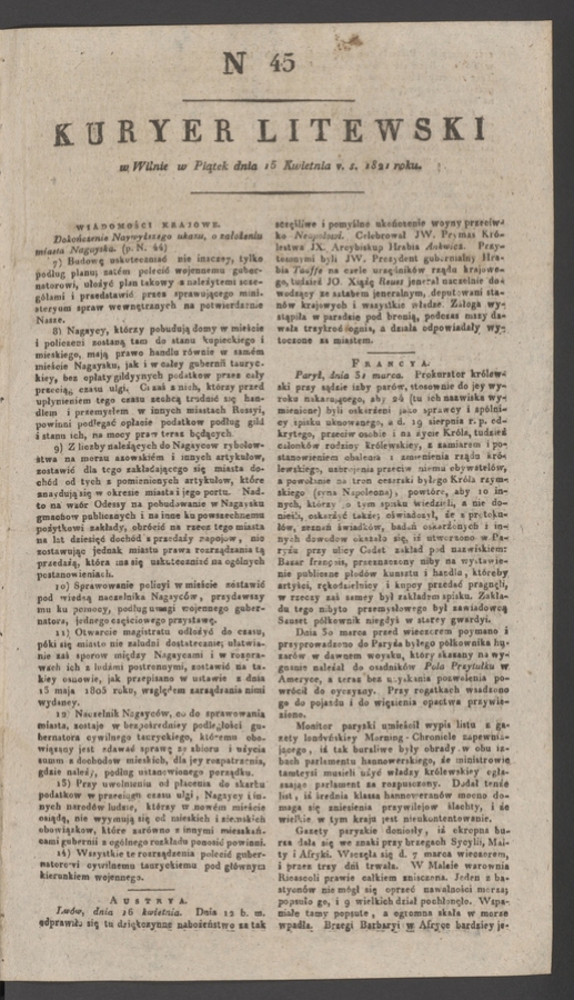 Kuryer Litewski. 1821, numer&nbsp;45