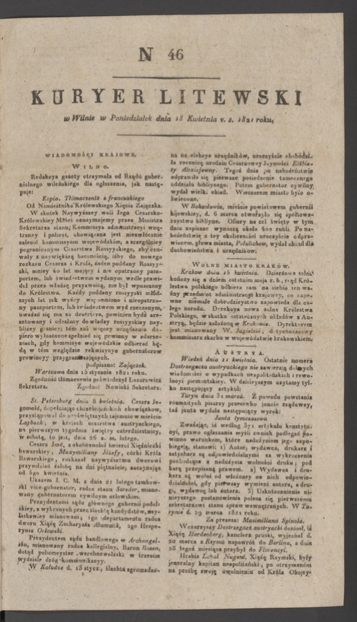 Kuryer Litewski. 1821, numer&nbsp;46