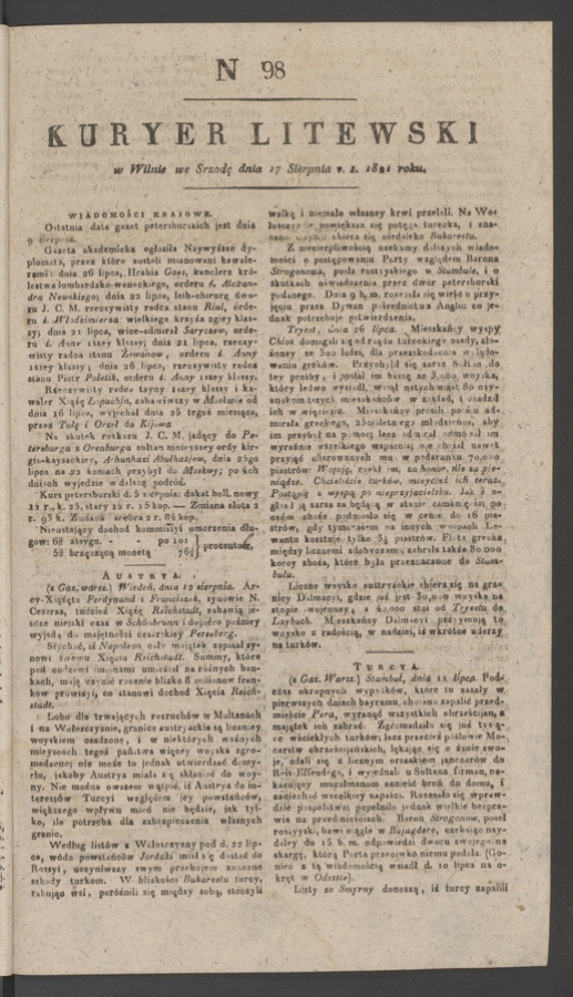 Kuryer Litewski. 1821, numer&nbsp;98
