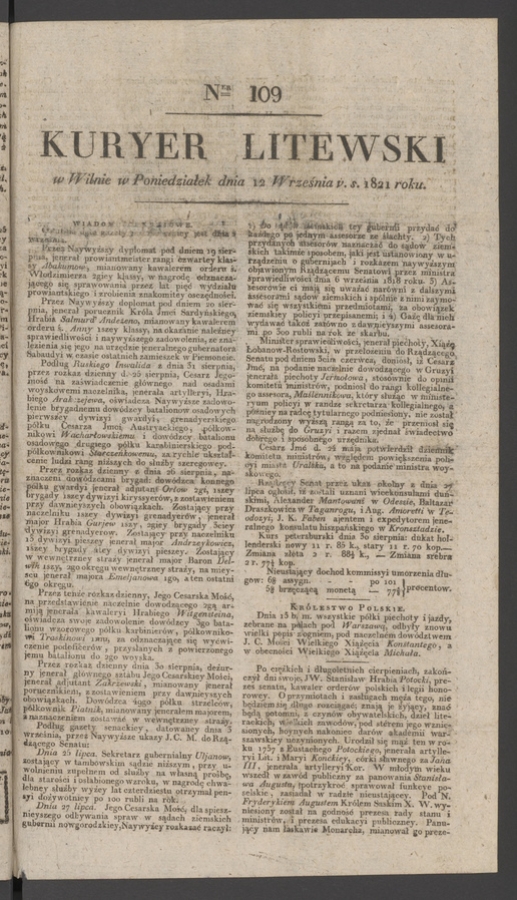 Kuryer Litewski. 1821, numer&nbsp;109