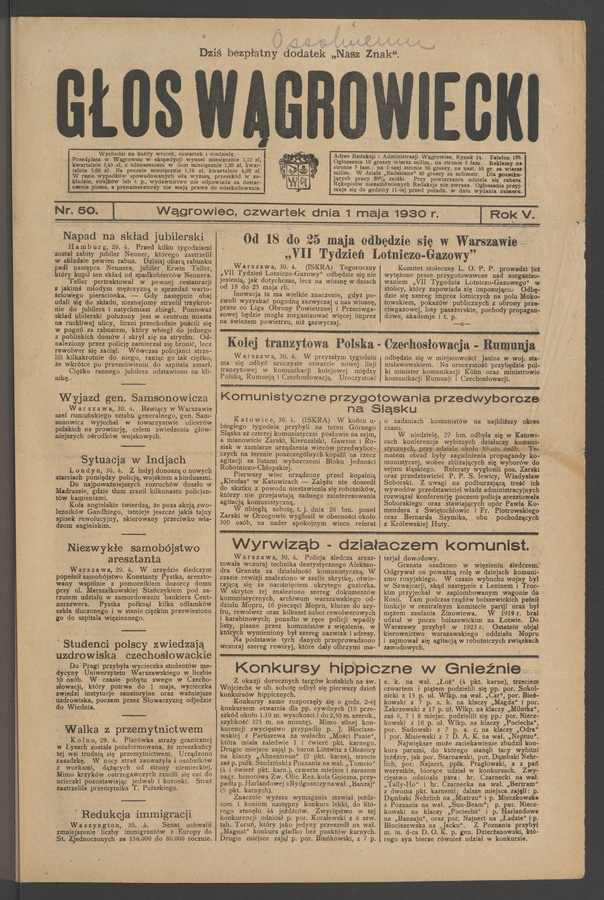 Głos Wągrowiecki. Rok&nbsp;5, 1930, numer&nbsp;50