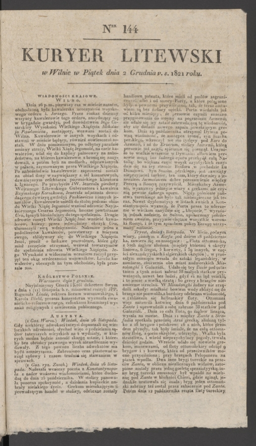 Kuryer Litewski. 1821, numer&nbsp;144