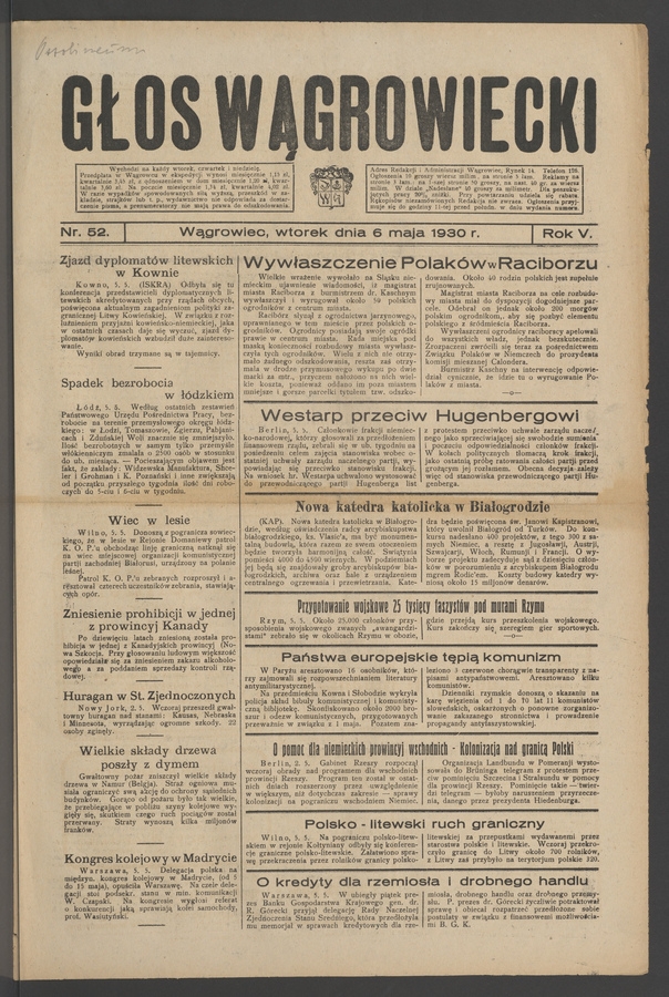 Głos Wągrowiecki. Rok&nbsp;5, 1930, numer&nbsp;52