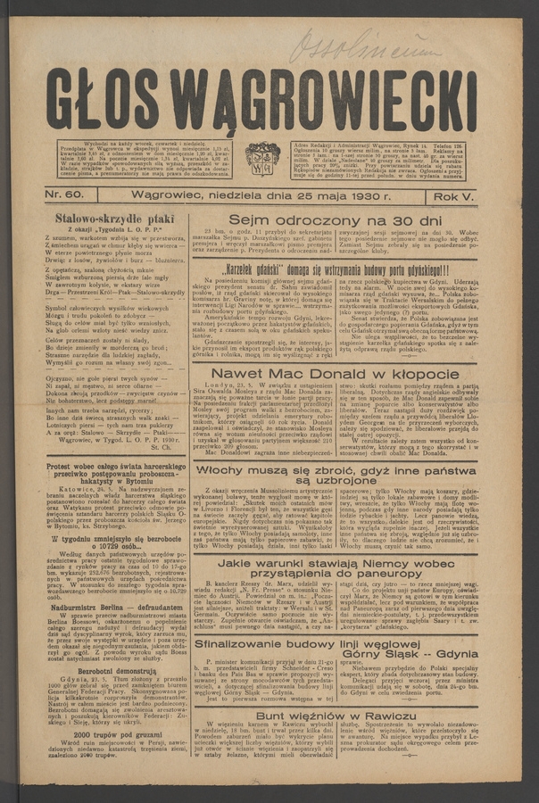 Głos Wągrowiecki. Rok&nbsp;5, 1930, numer&nbsp;60