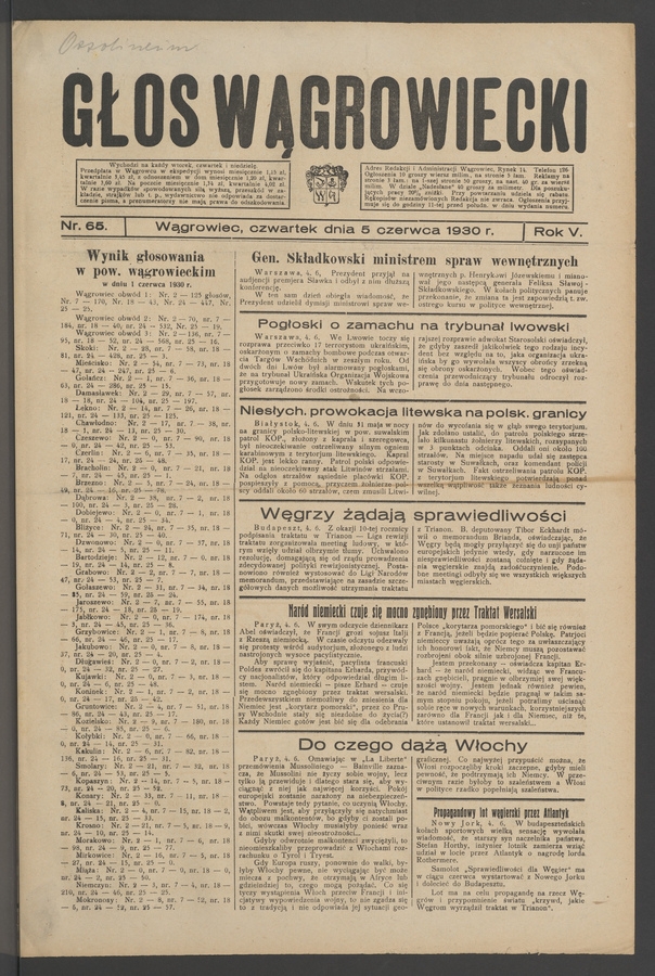 Głos Wągrowiecki. Rok&nbsp;5, 1930, numer&nbsp;65