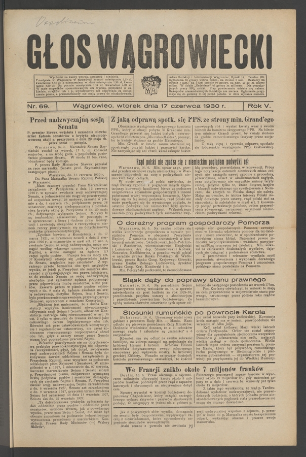 Głos Wągrowiecki. Rok&nbsp;5, 1930, numer&nbsp;69