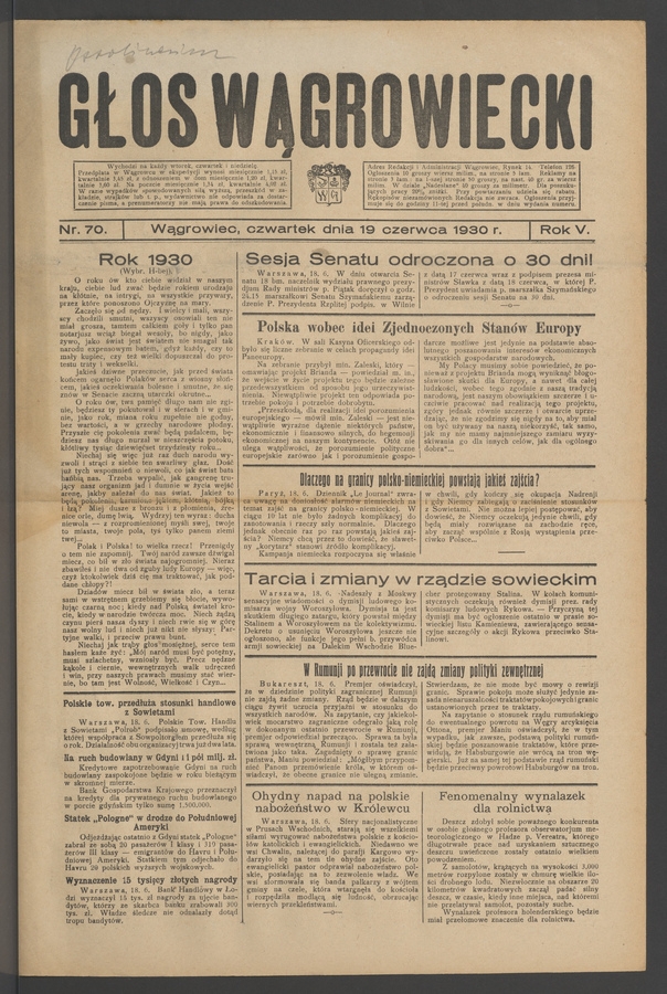 Głos Wągrowiecki. Rok&nbsp;5, 1930, numer&nbsp;70