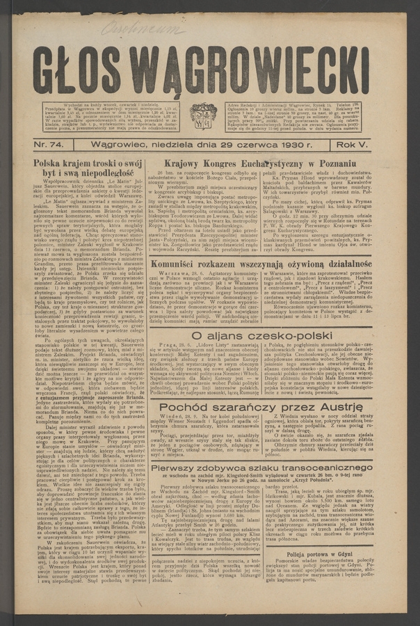 Głos Wągrowiecki. Rok&nbsp;5, 1930, numer&nbsp;74